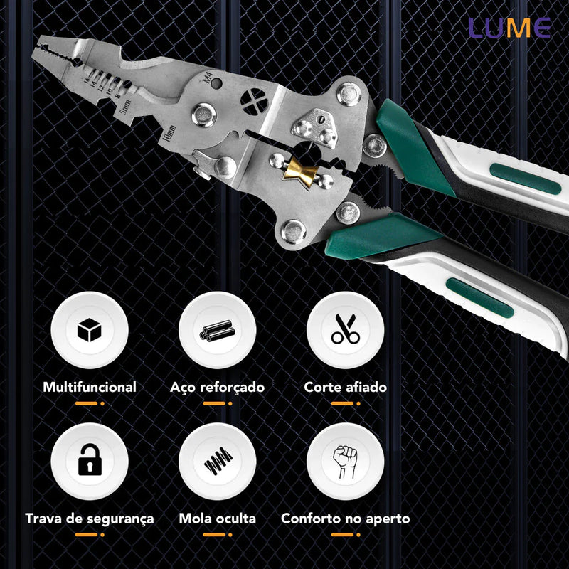 Alicate multifuncional dobrável para decapagem de fios com teste elétrico.
