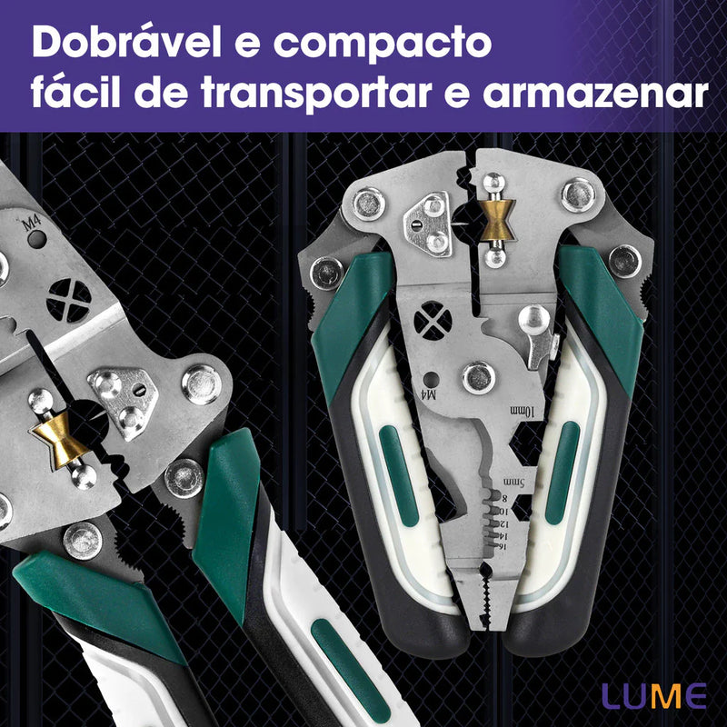 Alicate multifuncional dobrável para decapagem de fios com teste elétrico.