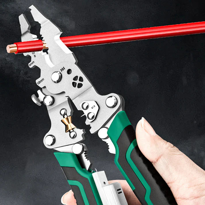 Alicate multifuncional dobrável para decapagem de fios com teste elétrico.