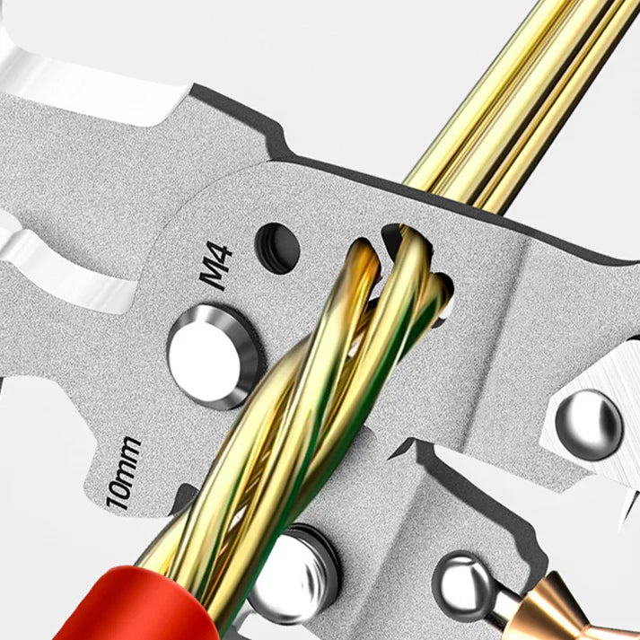 Alicate multifuncional dobrável para decapagem de fios com teste elétrico.